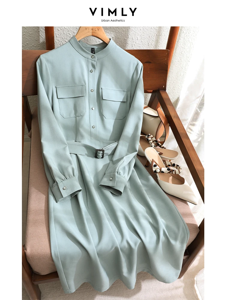 Vimly Elegant Belt Long Sleeve Shirt Dresses for Women 2023 Autumn Fashion Vintage Stand Collar Button Down Dress Clothing V8085