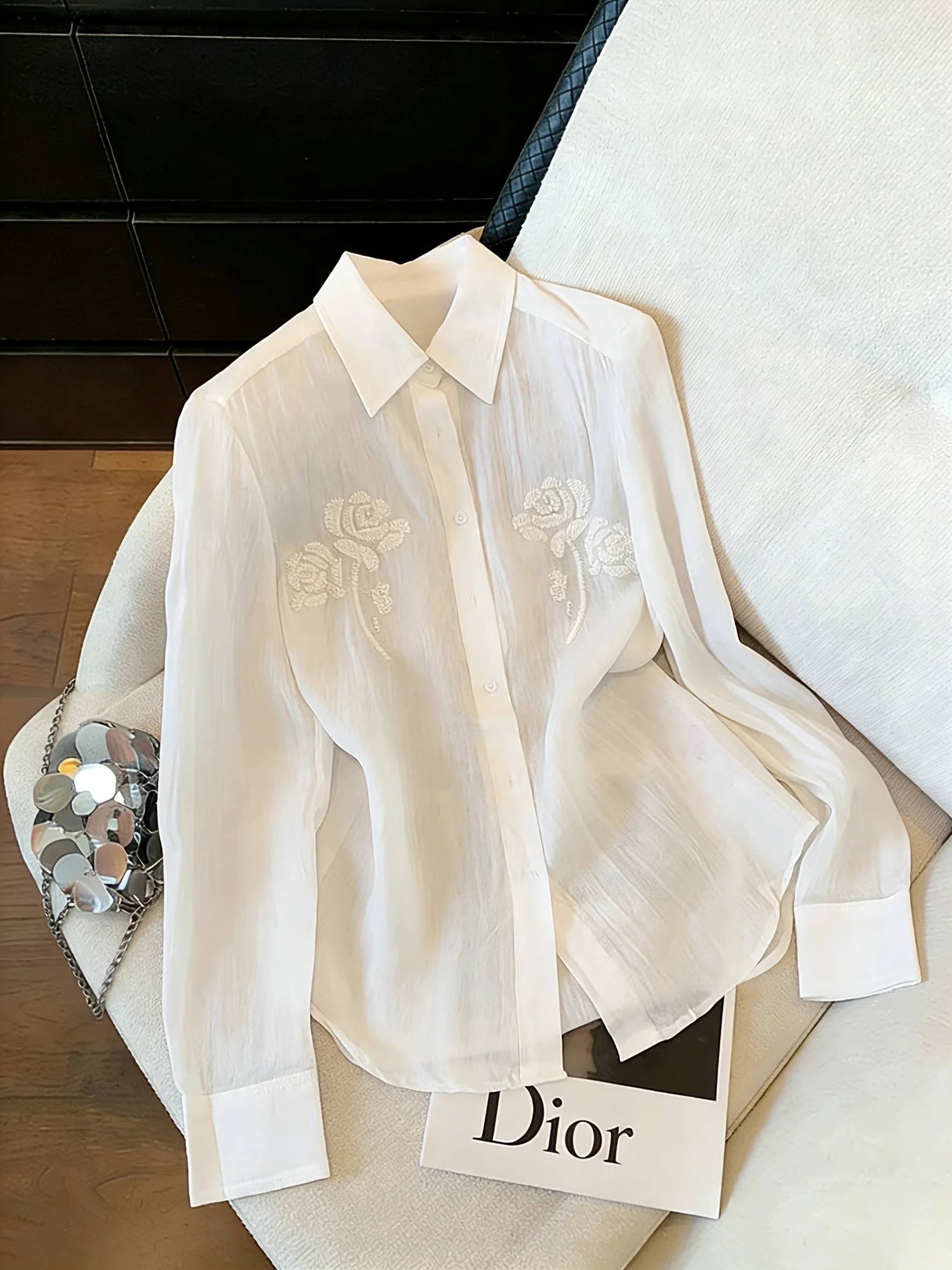 

Ele Simple White Flower Long Sve irt Women's Spring Autumn Casual Commute Versatile Loose Fit Stand Version irt