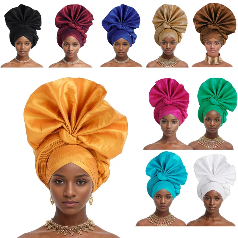 2024 Latest Nigerian Wedding Women Auto Gele Turban already Made to Hand Folding Fan Laminated African Headtie Cap Z531-1