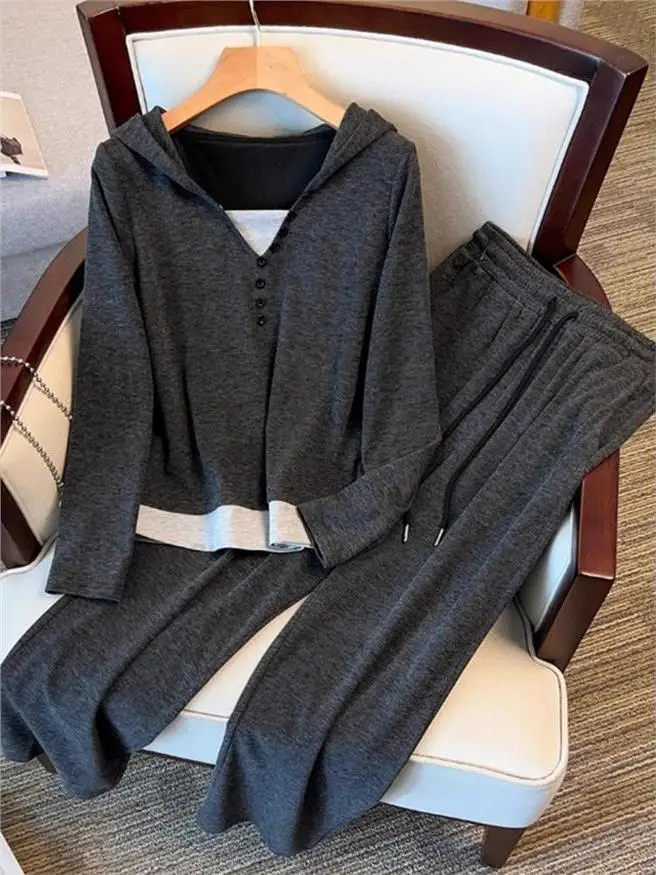 

Slimming Effect Hoodie Set Women's Spring Summer New Lazy Wide Leg Pants Two Piece Suite Casual Style Fashionable Ensemble