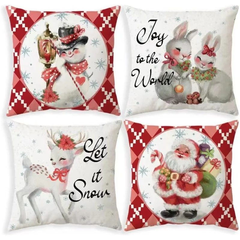 

Christmas Throw Pillow Covers 18x18 Inch, Set of 4, Festive Cushion Covers with Santa, Reindeer, Bunny, and Holiday Ornaments