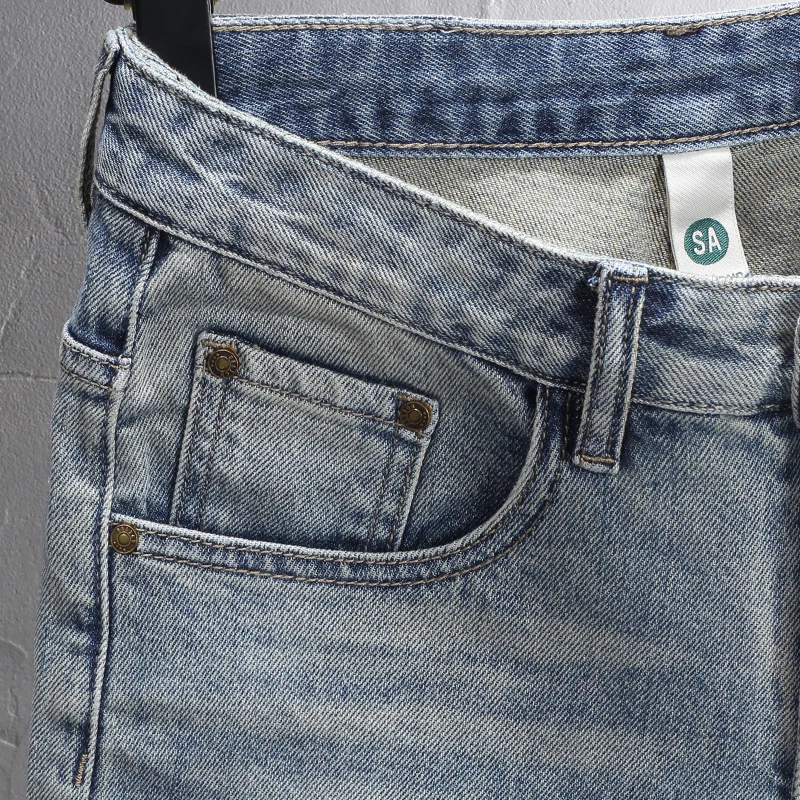 Summer Fashion Men Jeans Retro Light Blue Stretch Slim Fit Ripped Short Jeans Homme Patched Designer Vintage Denim Shorts Hombre