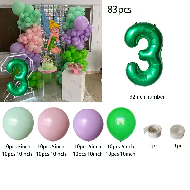 83pcs Little Fairy Balloon Green Dragonfly Princess Digital Balloon 1 2 3 4 5 6st Girl\'s Birthday Party Balloon Baby Shower Ball