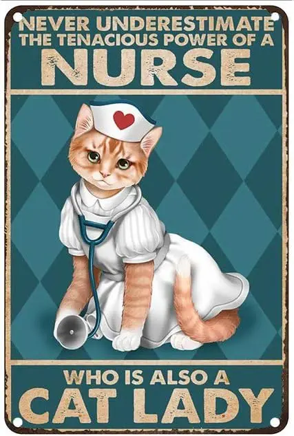 Funny Tin Sign - Never Underestimate The Tenacious Power Of A Nurse Who Is Also Cat Lady Cafe Bar Home Wall Art Decoration Retro