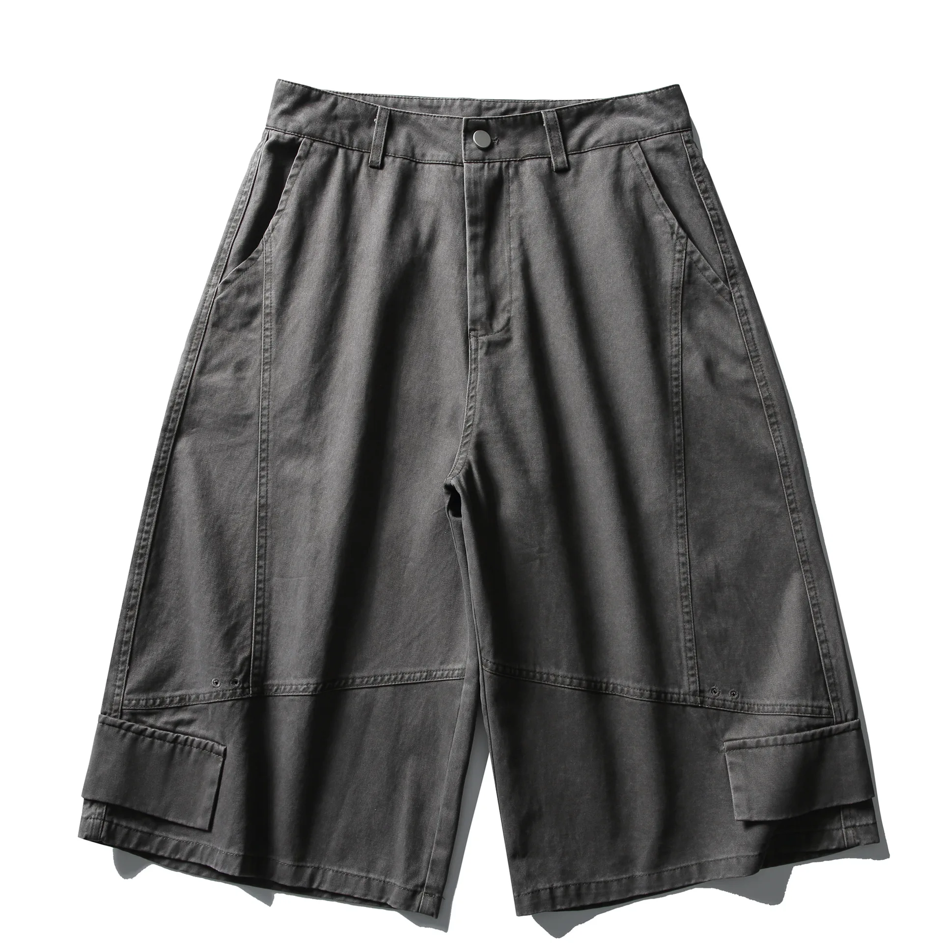 

Summer Japanese Retro Washed Distressed Patchwork Workwear Shorts for Men Loose Cotton Wide Leg Seven Quarter Casual Pants