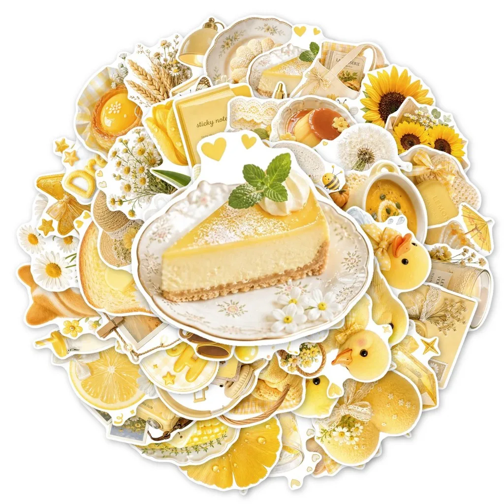50Pcs Cream‑Yellow Fresh Style Stickers Dessert Floral Pet‑themed Waterproof Decals for DIY Decoration AnimeWorlds Store