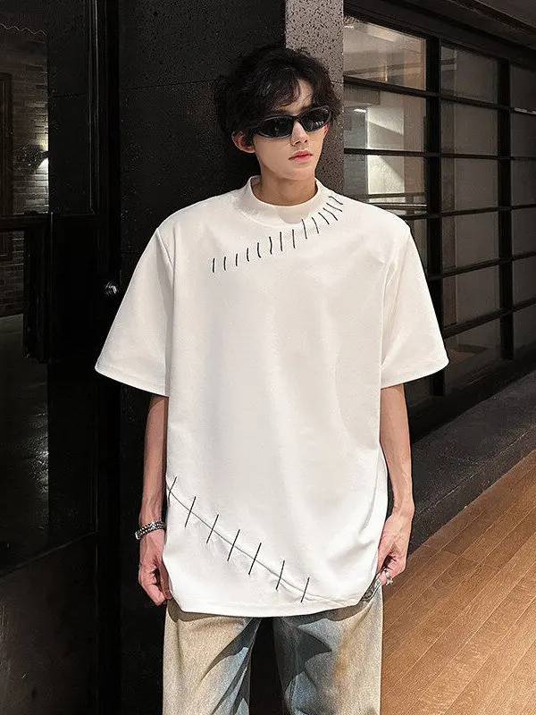 

Bla oulder Pad Men's T-irt Summer Casual Sle f Sve Sewing Line Design Loose Fit Polyester Fiber round Ne