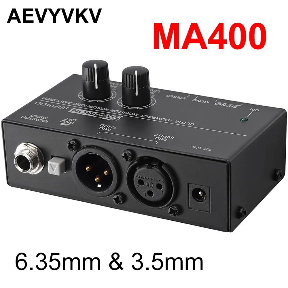 

Ультракомпактный монитор AEVYVKV MA400, усилитель для наушников для XLR микрофона, выходы для наушников 6,35 мм и 3,5 мм с блоком питания 12 В