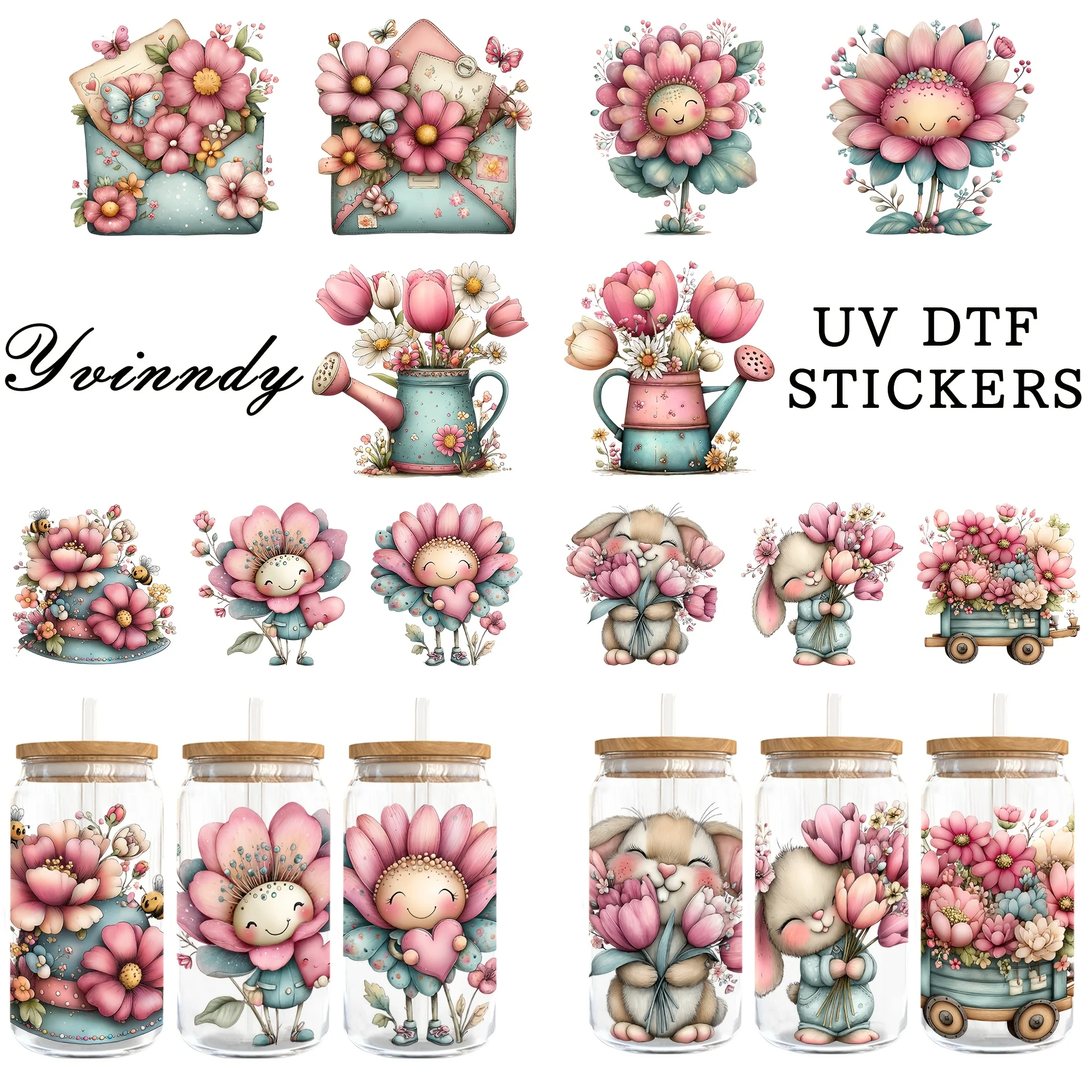 5Pcs/Set Springtime Healing & Cute Fairy Tale Style 16OZ Glass Jar Transfer Paper UV DTF High Self-Adhesive Transfer Paper