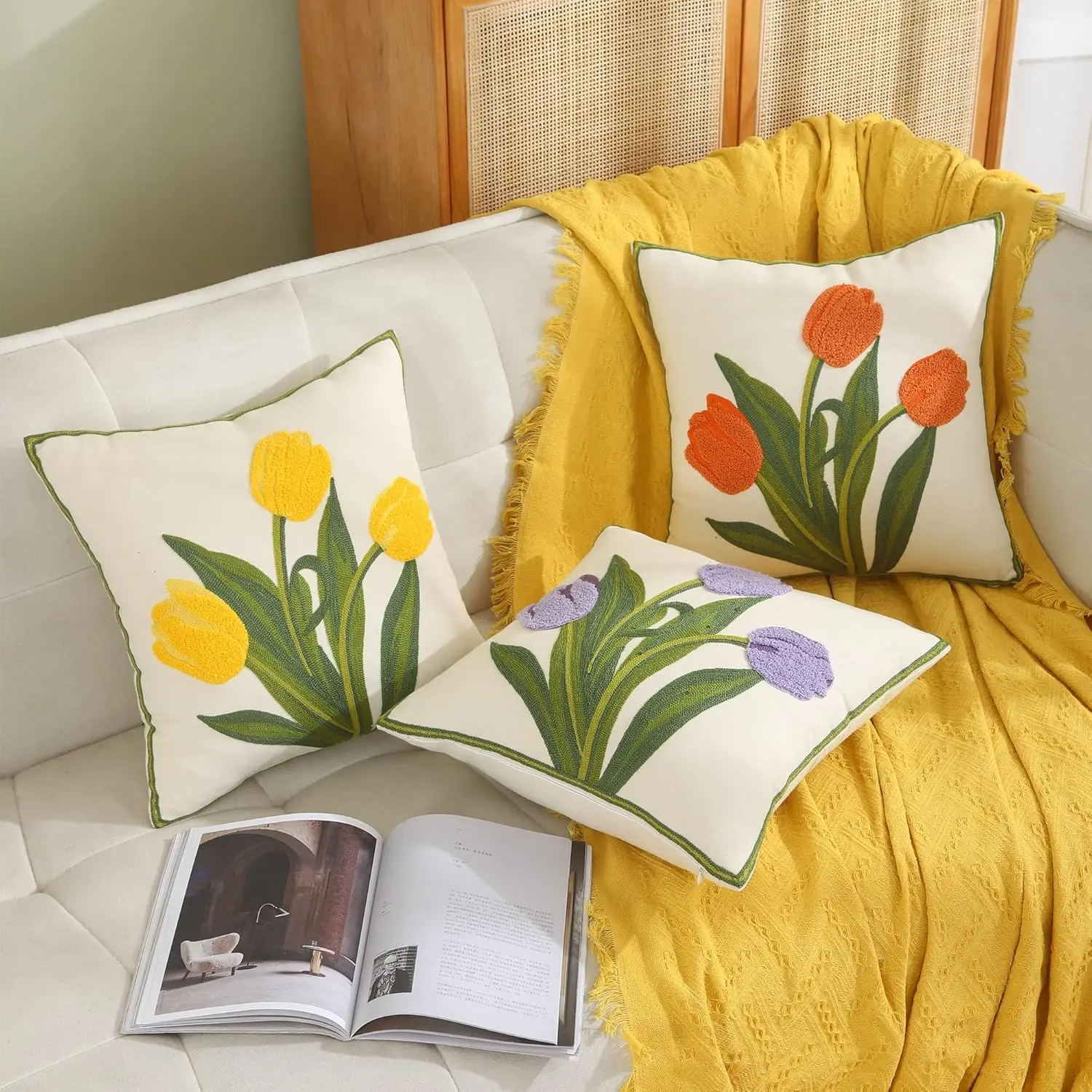 Farmhouse Tulip Cotton Tufted Throw Pillow Cover Spring Floral Embroidery Pillowcase Soft Square Cushion Case for Sofa Couch Bed