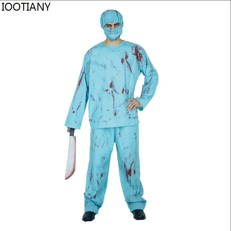 

Horror Game Blood Surgeon Nurse Cosplay Costume Blue Nurse Masquerade Performance Costumes With Hat Halloween Carnival Dress Up