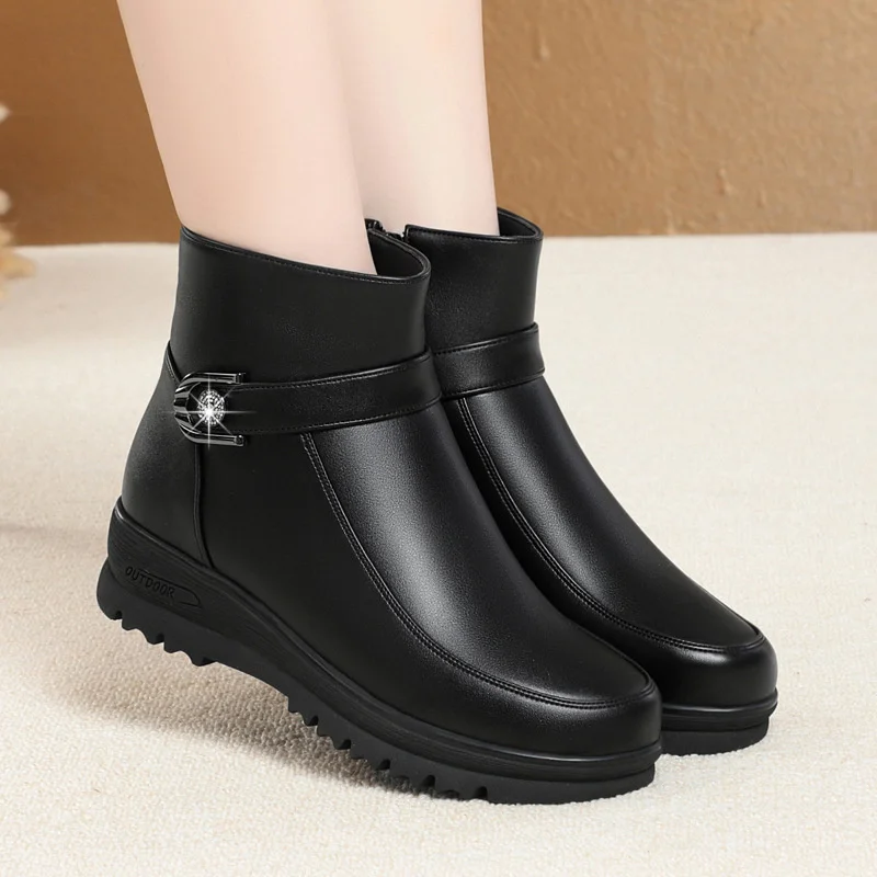 Fashion Winter Women Elegant Comfort Soft Sole Leather Ankle Boots Thick Plush Warm Snow Mother Waterproof Non-slip Boots