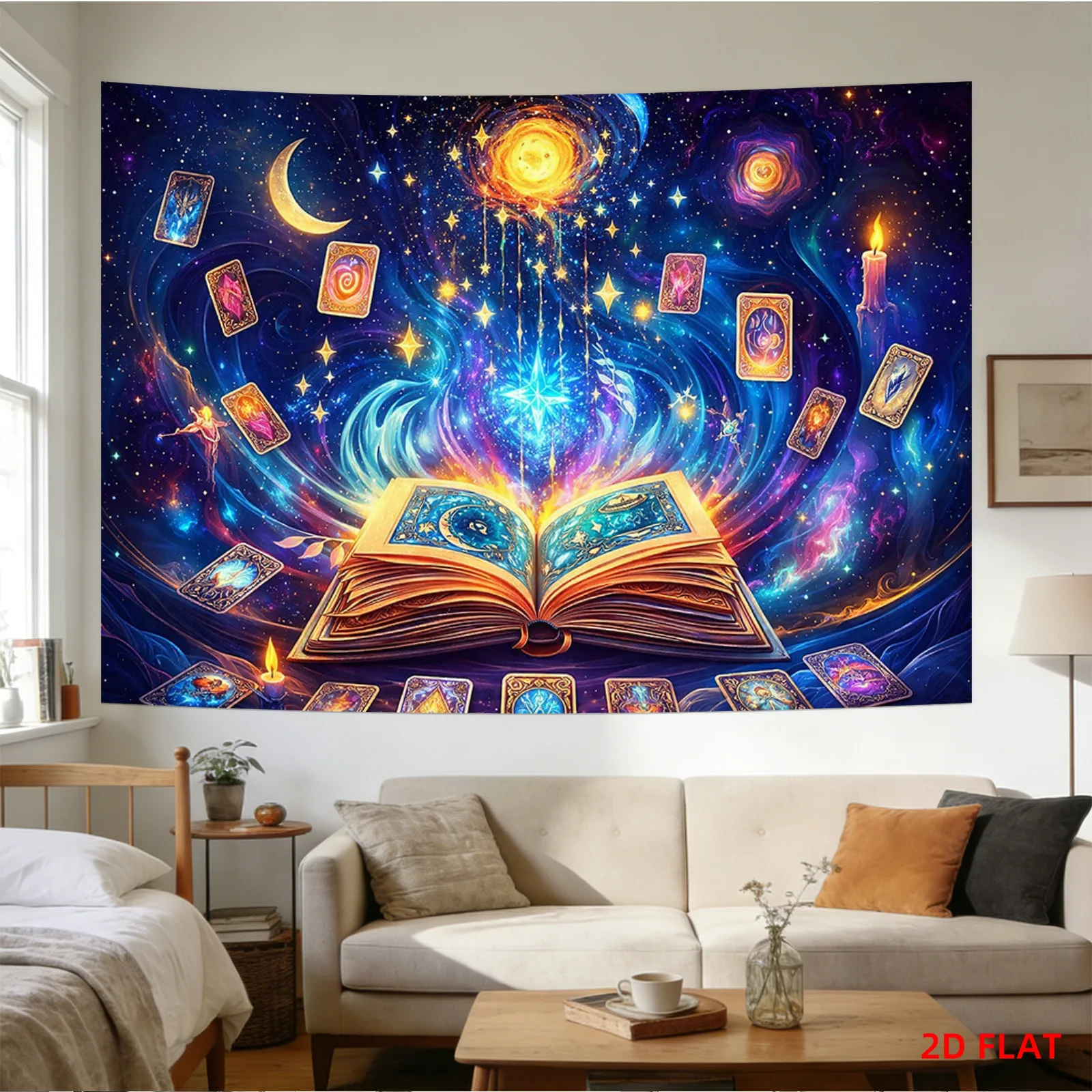 Magic Spellbook Tapestry, Floating Tarot Cards & Galaxy Wall Hanging, Mystical Witchcore Room Decor, Celestial Fantasy Art Cloth