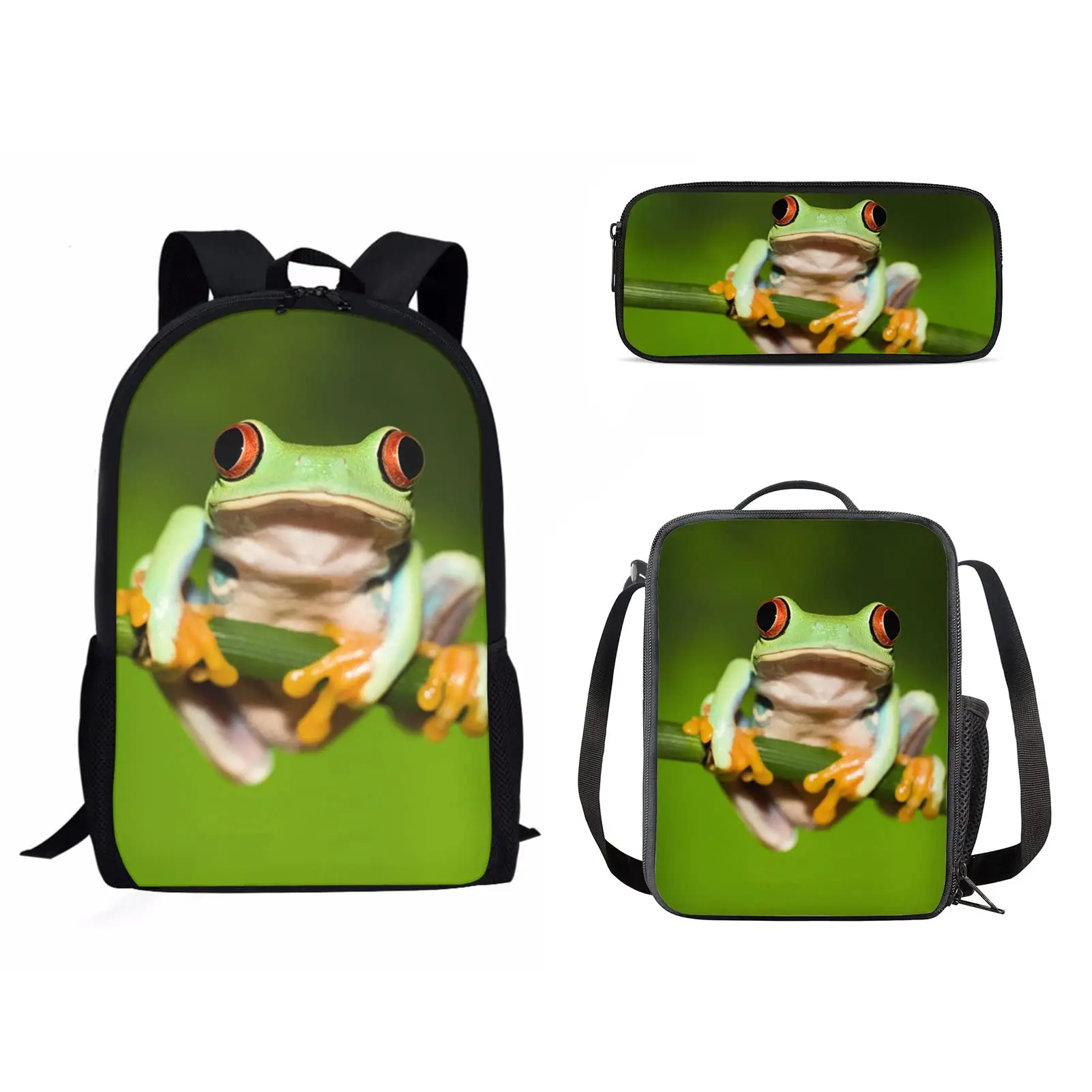 Popular Funny Frog 3pcs/Set Backpack Cute Animal Print School Bags Student Teenager Bookbag Daypack with Lunch Bag Pencil Case