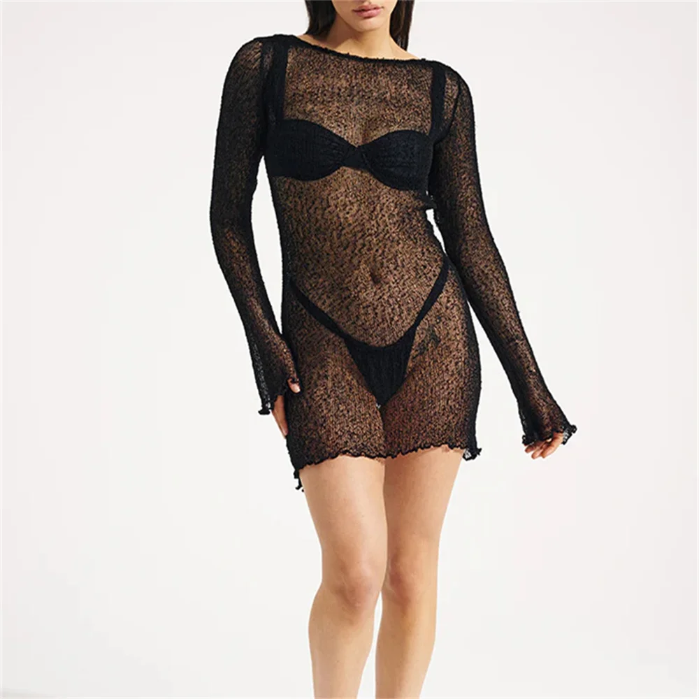 

Sexy See Through Backless Knitted Dress Long Sleeve Dresses Y2K Elegant Women Mini Dress Knitwears Pullovers Beachwear Cover-ups