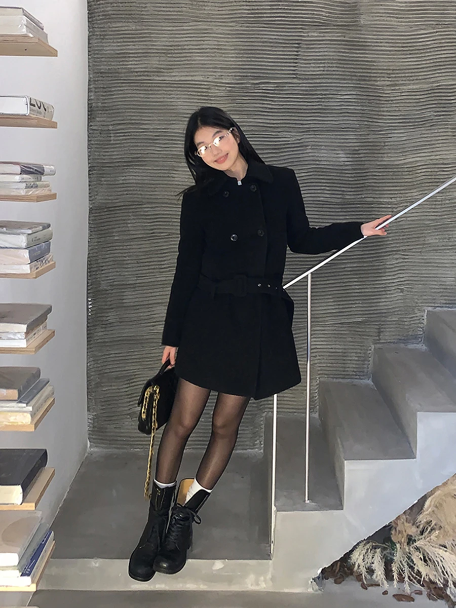 

G Sle Ele Bla Woolen Coat Women's Mid-Length Double-Breasted Button up Simple Commute Polyester Fiber Winter Coat