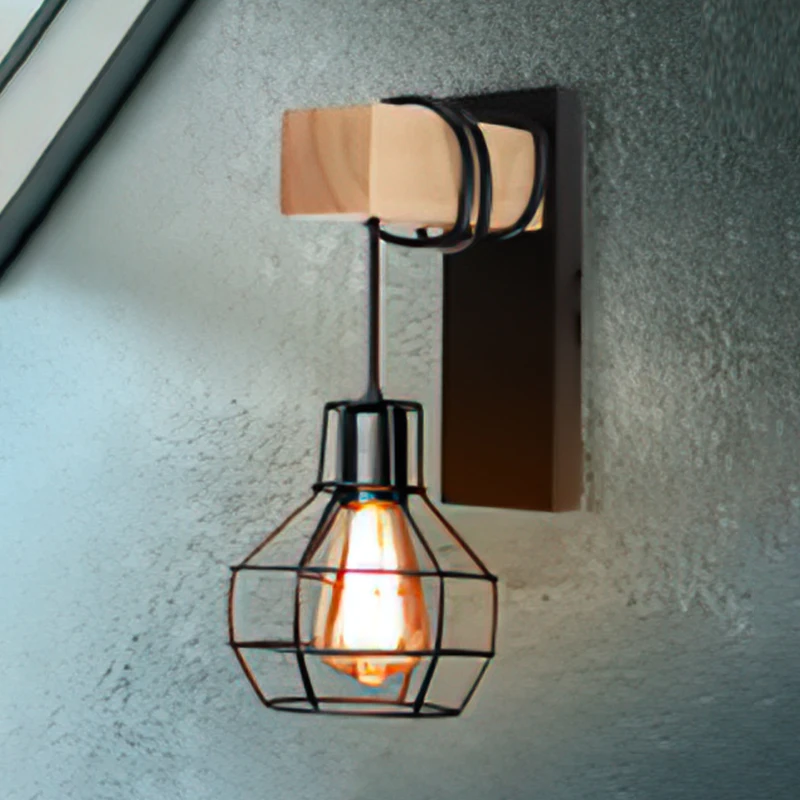 China Wall Sconce Modern Retro Bedside Wall Lamp Cage Light Black Color with Wooden Base Bracket Light for Aisle Indoor WL0334