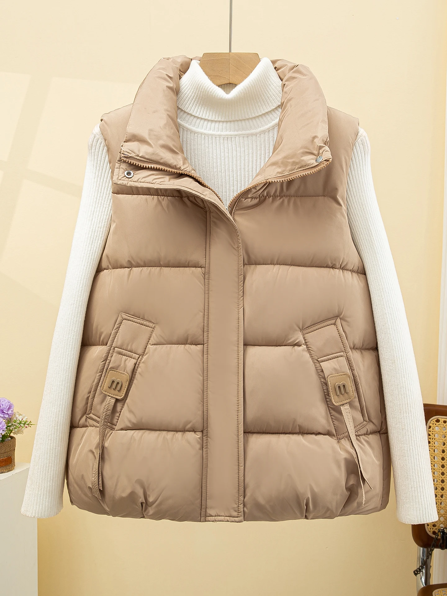 レディース ダウンコットンベスト ルーズフィット 秋冬ファッショナブルな中国風キルティングジャケット ポリエステル繊維ジッパー...