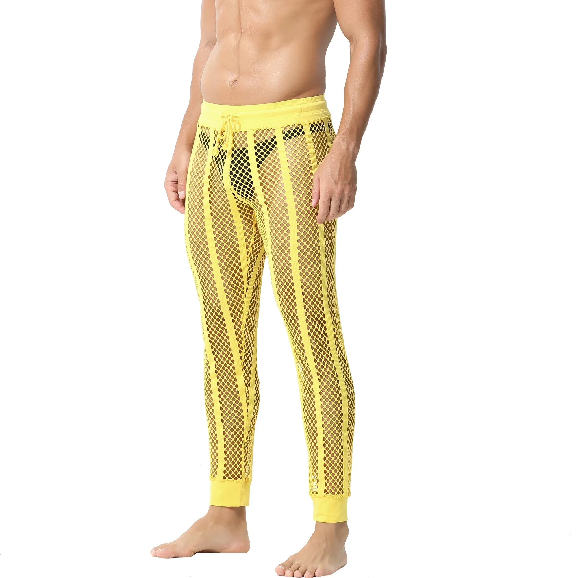 Men Pants Mesh Long Johns Patchwork Elastic Waist Transparent Streetwear Casual Trousers Fitness Sexy See Through Pajama Pants