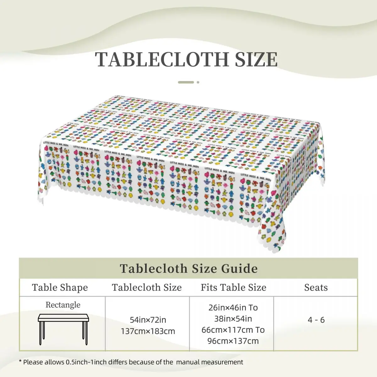Little Miss And Mr. Men Customized Rectangular Tablecloth Oilproof Table Cover for Dining Events Table Cloth
