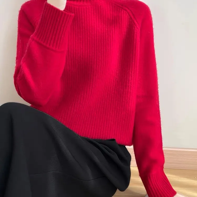 سترة صوفية محبوكة سميكة للنساء، طبقة أساسية فضفاضة، بلوزة صوفية مع تطريز زهور، أزياء الخريف للسيدات