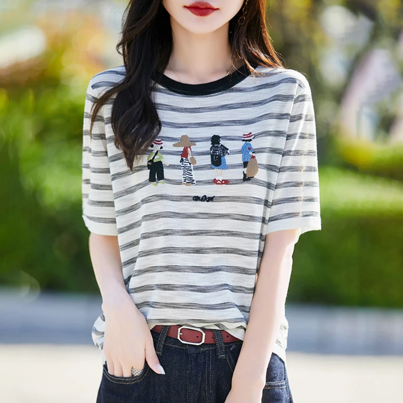 

100% Tencel Short-Sleeved Women's Round Neck Embroidered Striped Sweater Relaxed And Casual New Fashion Color Matching T-Shirt