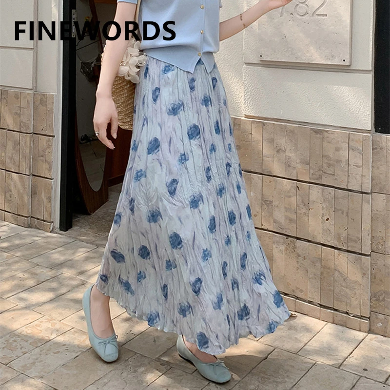 

FINEWORDS винтажная корейская шифоновая юбка женская уличная одежда повседневная длинная юбка с высокой талией и цветочным принтом 2025 модные юбки-миди с принтом