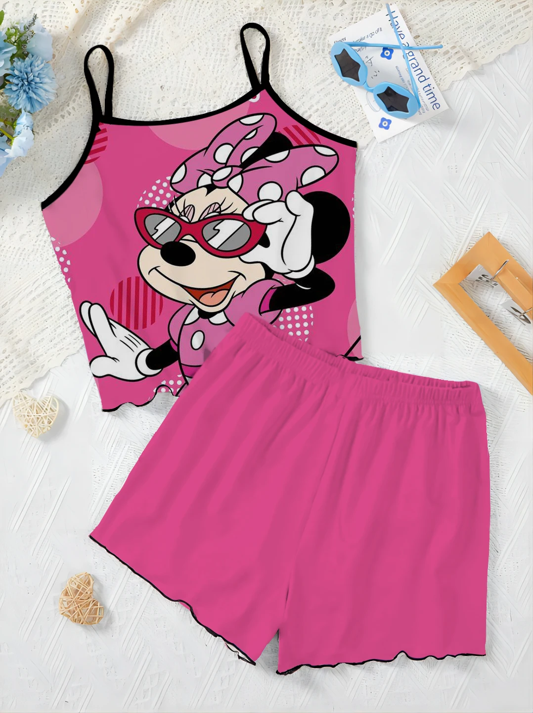 Ensembles courts trempés pour femmes, robe à enfiler, haut Minnie Mouse, jupe pyjama, garniture en laitue, t-shirt Disney, pièces élégantes