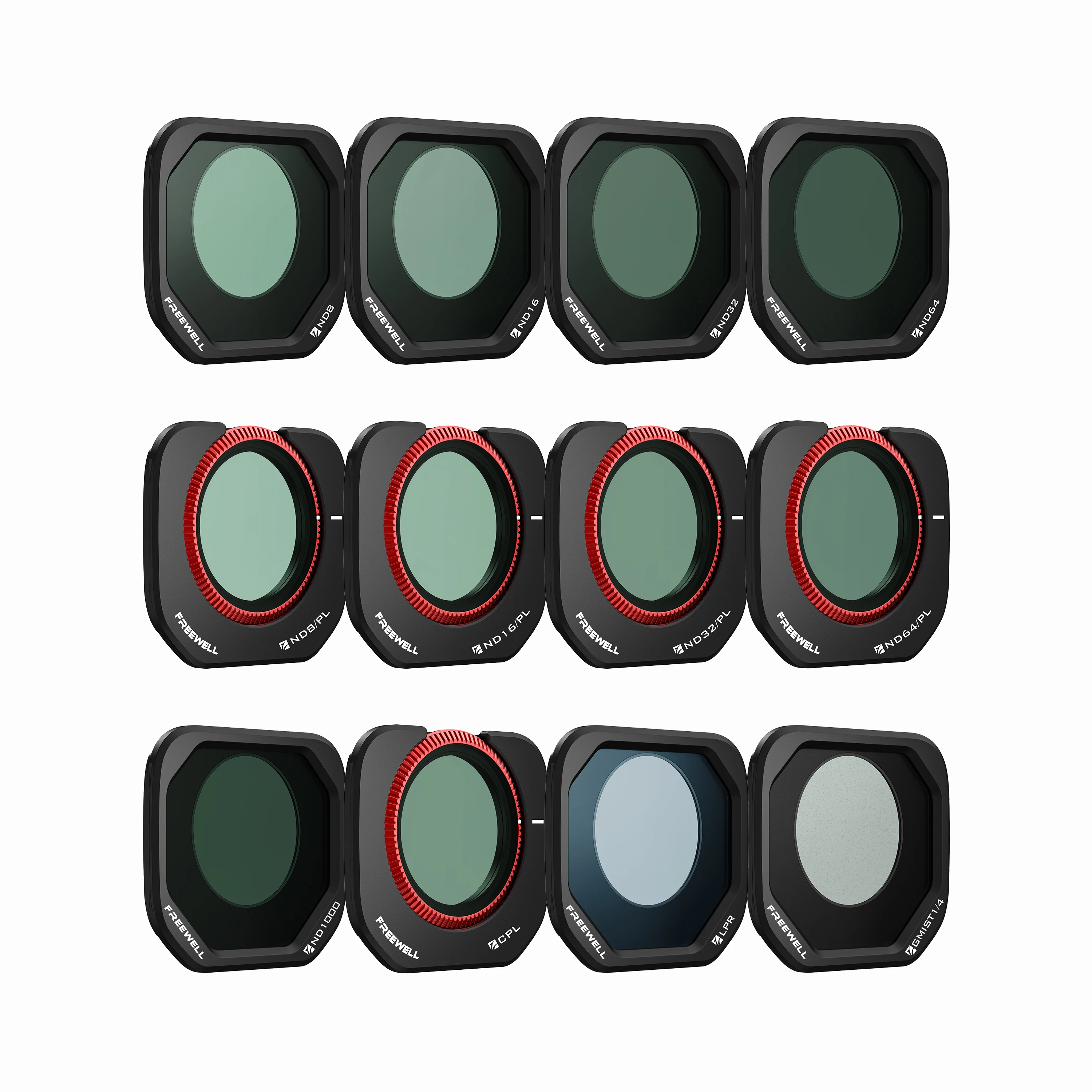 Freewell filterset, verpakking met 8/12 filters, inclusief ND-, ND/PL-, CPL- en LPR-filters, en een Glow Mist-filter, voor Insta360 Luna Pro – accessoires voor fotografie.