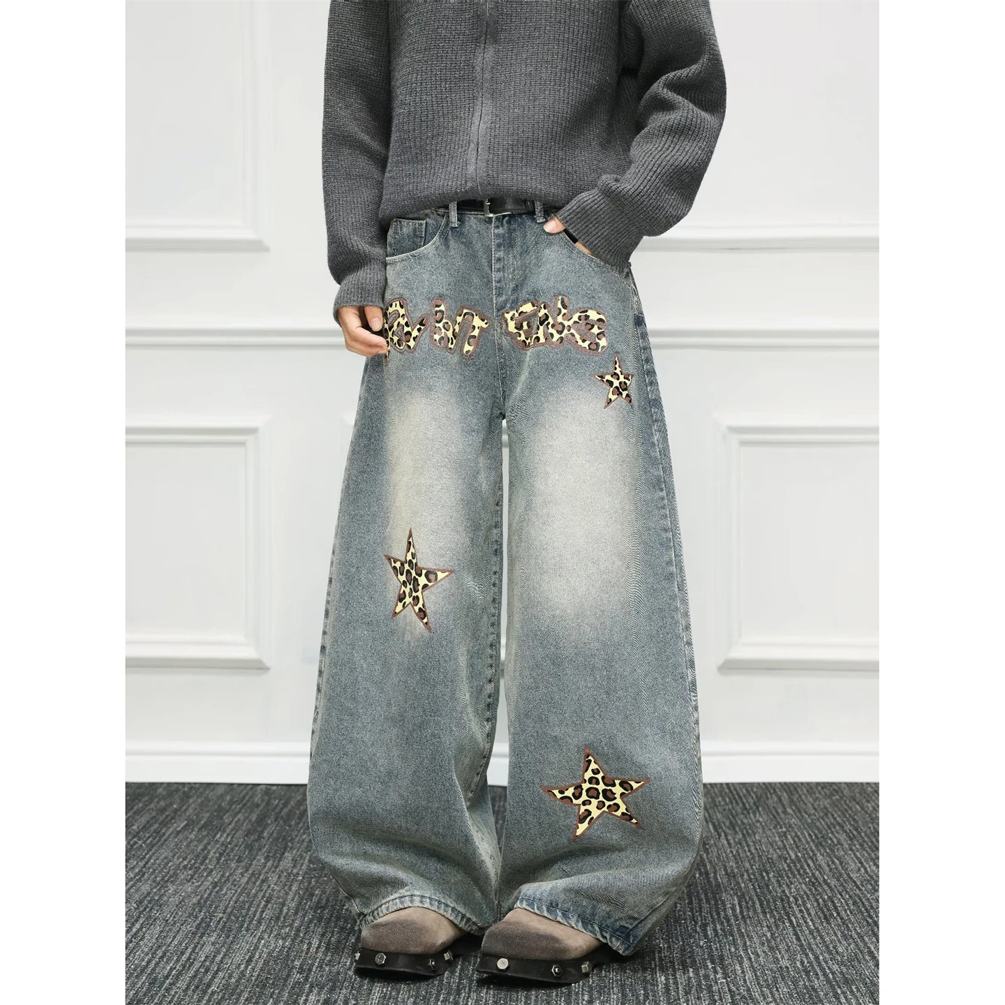 

Широкие джинсы со звездами в стиле хип-хоп, мужские и женские свободные утягивающие повседневные джинсовые брюки со средней талией и застежкой-молнией, повседневная одежда