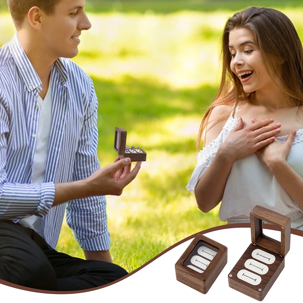 Wood 3 Slot Ring Box with Glass Lid for Wedding Proposal Walnut Wood Ring Bearer Cube Flip Box 3 Ring Storage Box with Lid view 3