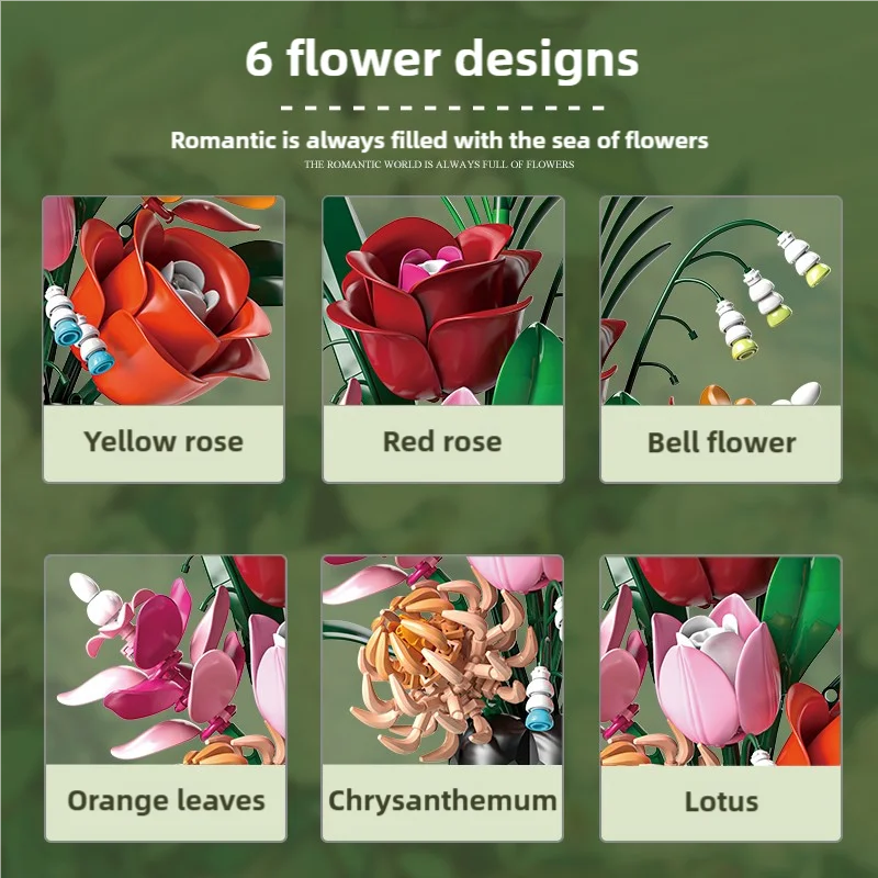566 Uds. Florero de ramo de rosas, bloques de construcción, modelo de flor, ladrillos, decoración del hogar, juguetes DIY para niños, regalo romántico para el Día de San Valentín para adultos