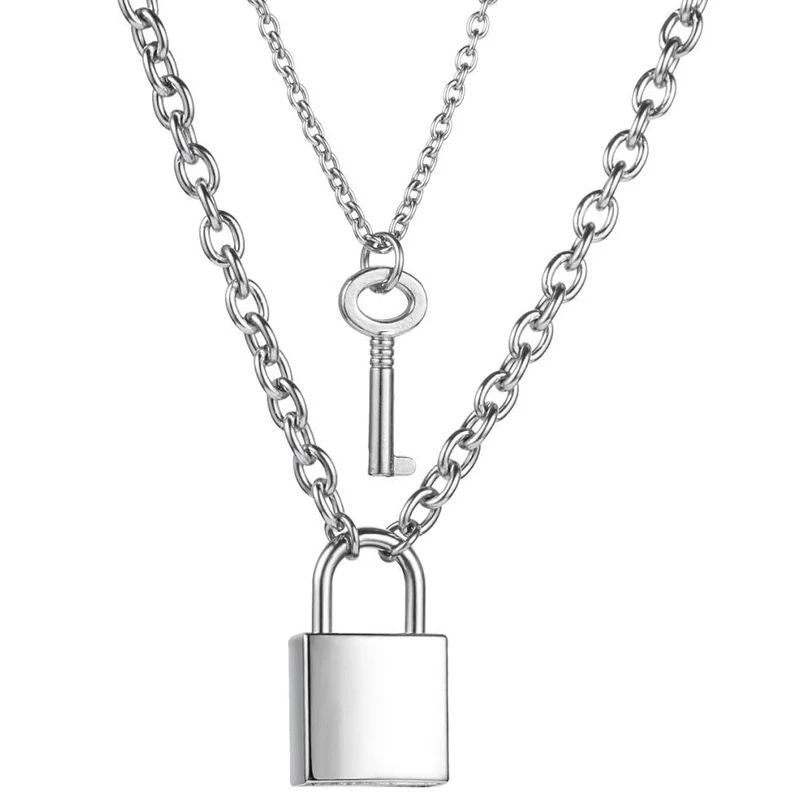 Stainless Steel Lock Key Pendant Necklace Long Chain Punk Multilayer Statement Choker Necklaces for Women Men Boy Girls