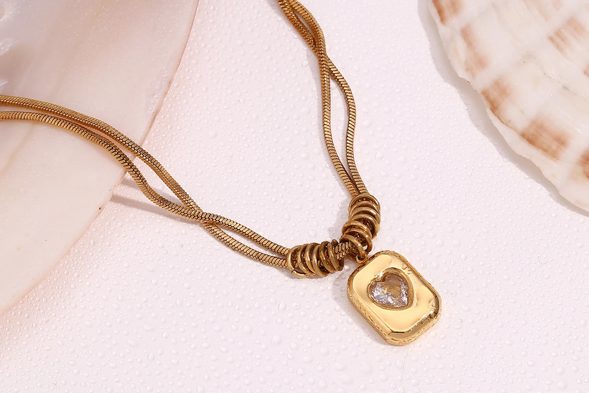 E.B.belle Klassische doppellagige Schlangenkette, glänzendes Herz, Zirkon, rechteckige Anhänger-Halsketten für Damen, Edelstahl-Schmuck