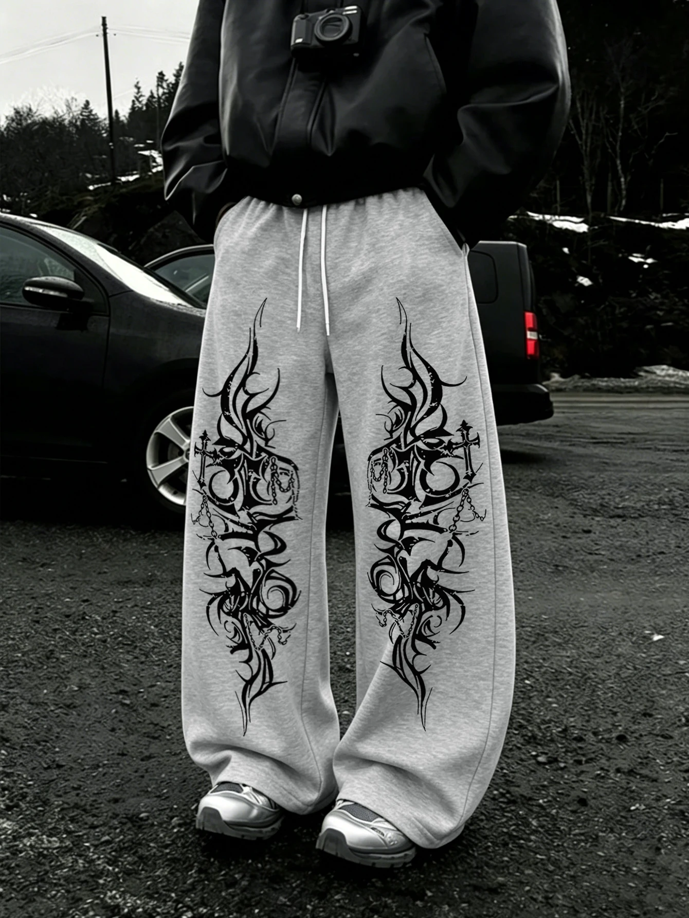 Men Symmetrical Tribal Flame Cross Chain Gothic Letter Print Wide Leg Joggers, Y2K Dark Streetwear Drawstring Loose Baggy Pants