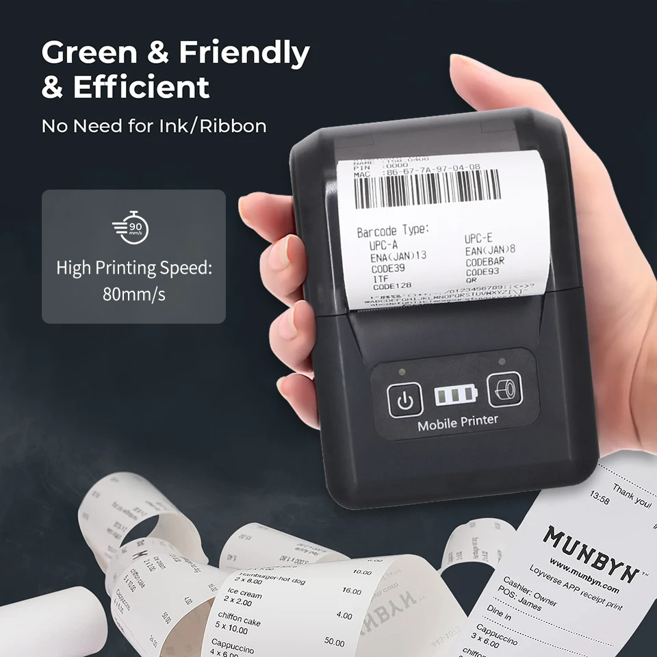 미니 휴대용 블루투스 포터블 모바일 감열 영수증 프린터 배터리 구동 휴대용 프린터 POS 포켓 모바일 핸드헬드