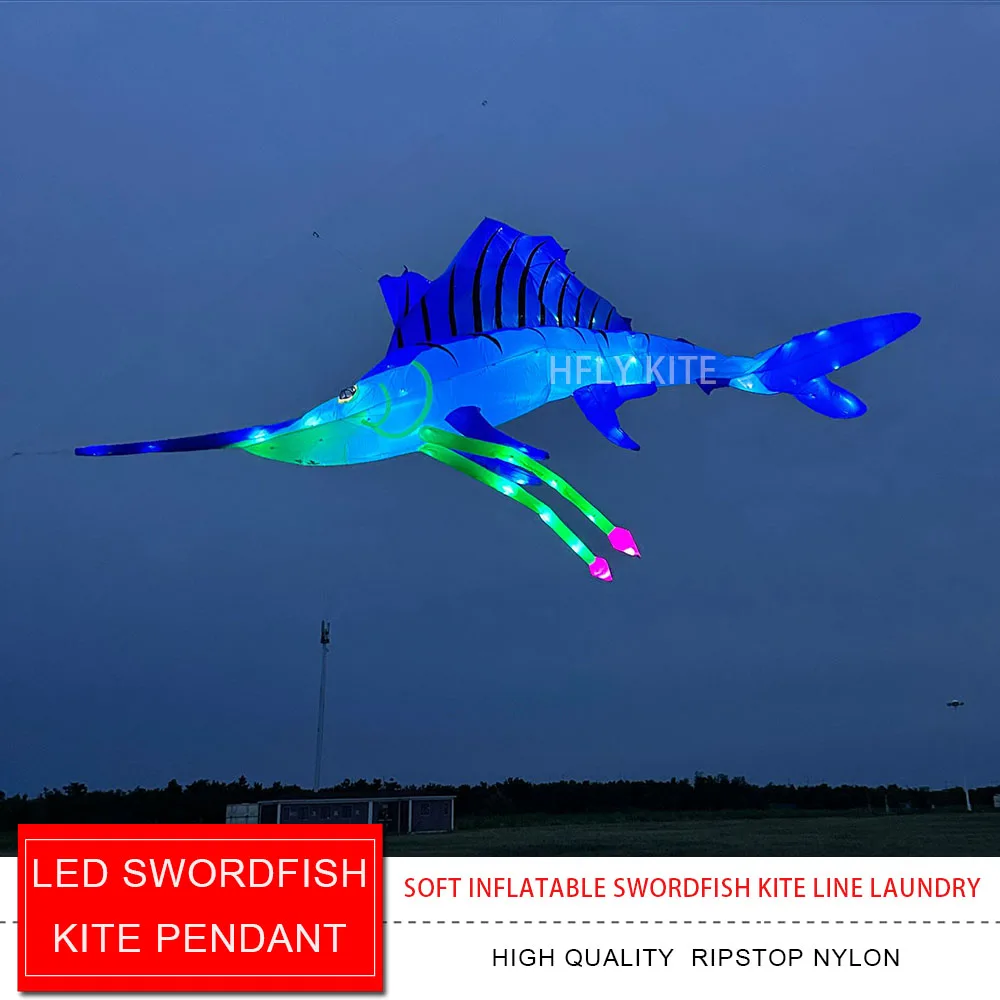 New Arrival Soft Inflatable 10m LED Swordfish Kite Pendant for Adults High Quality 40D Nylon Fish Kite Line Laundry with lights