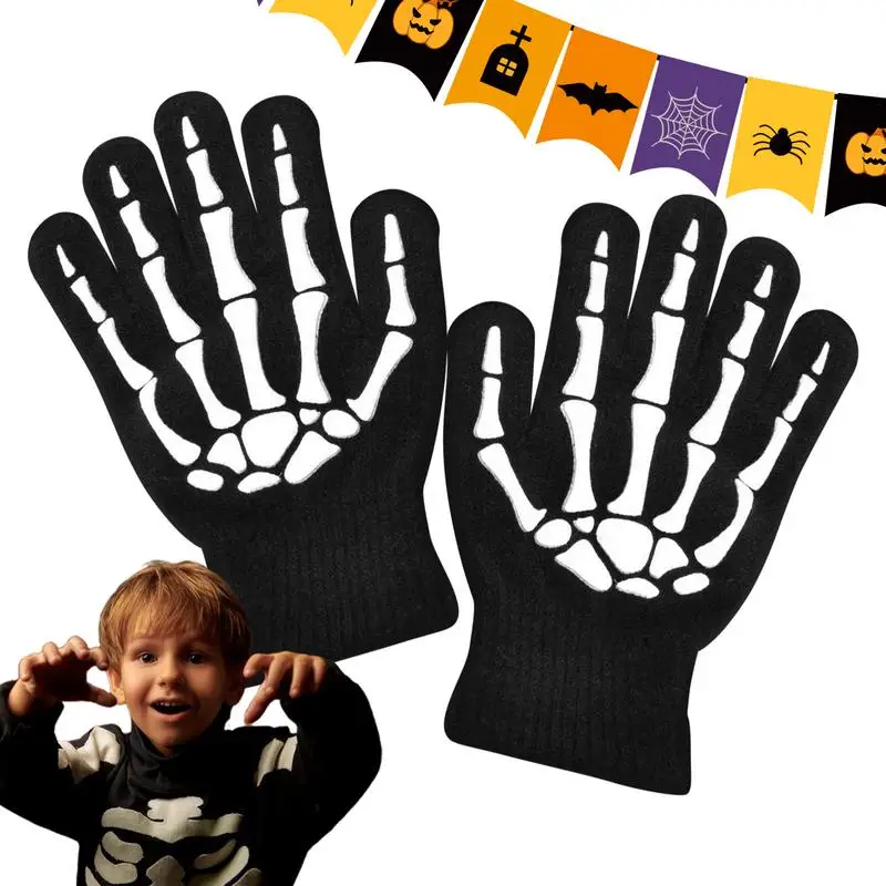 Halloween Skeleton Gloves Unisex Kids Full Finger Long Gloves Glow in The Dark Stretch Cosplay Goth Mittens Accessories