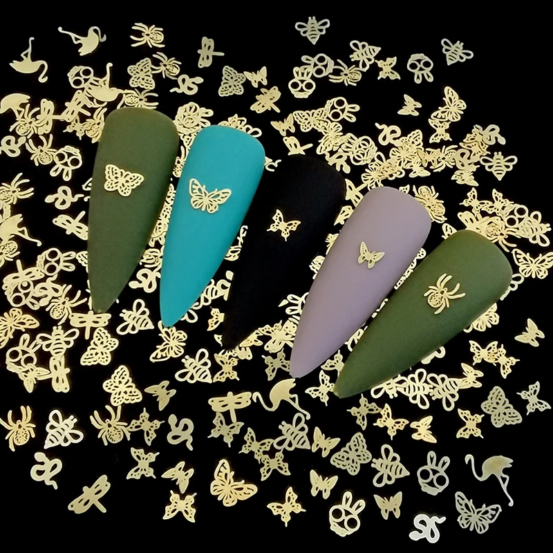 100pcs/bag Gold Heart Metallic Nail Decals Ultra-thin Flakes Silver Metal Nail Studs Slices Nail Charms DIY 3D Nail Decorations