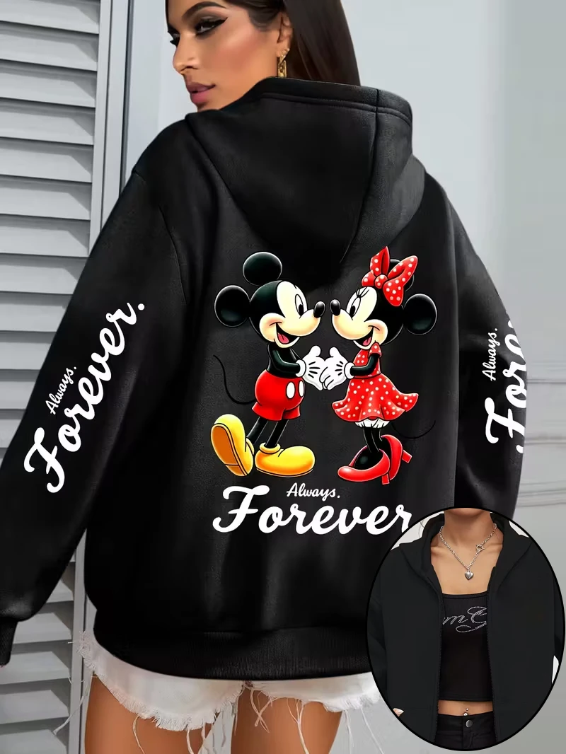 

Disney Minnie Mouse Bow Mickey Couple Zipper Hoodies Sweatshirt Fleece Women's Men Cotton Autumn Winter Pullover Oversized Coats