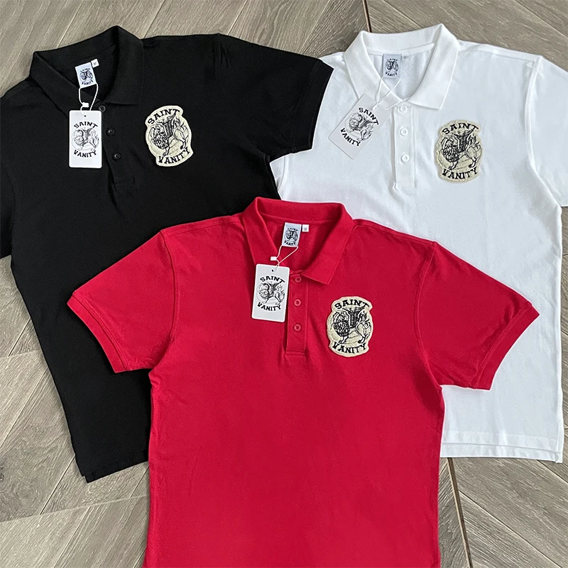 SAINT VANITY Camiseta polo de manga corta de algodón puro refrescante y transpirable con logo bordado de verano