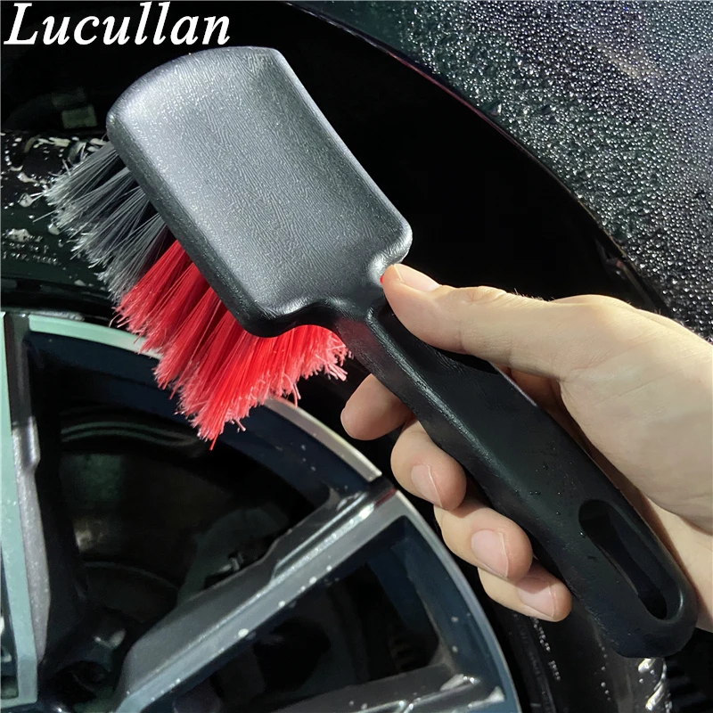 Lucullan Ergonomic PP Handle Grey & Red Soft Flagged Tip Bristles Premium Wheel Cleaner Brush