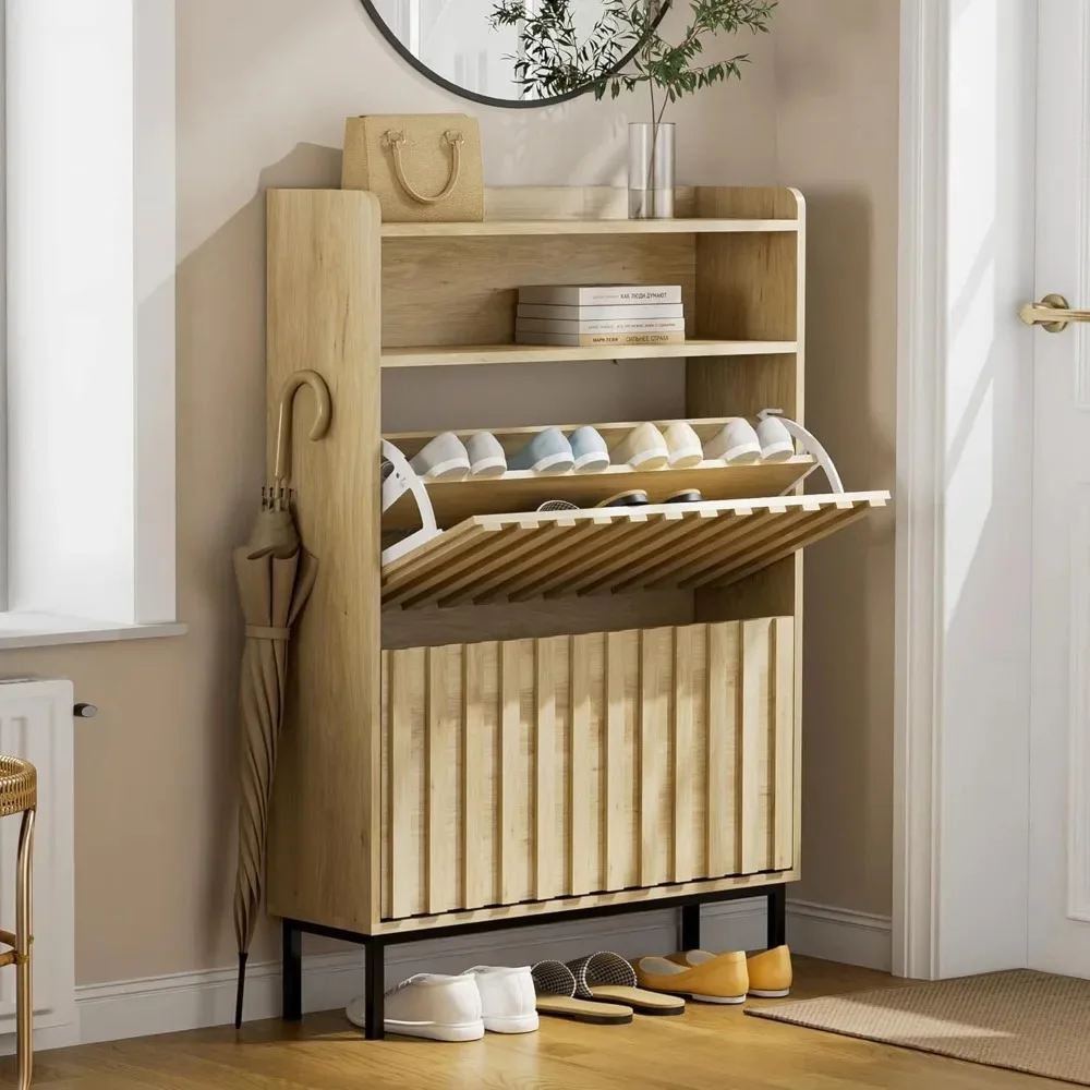 

UEV Fluted Ivory White Shoe Cabinet Storage for Entryway, Hidden Shoes Storage Cabinet with 2 Flip Drawers, Mid Century Narrow S