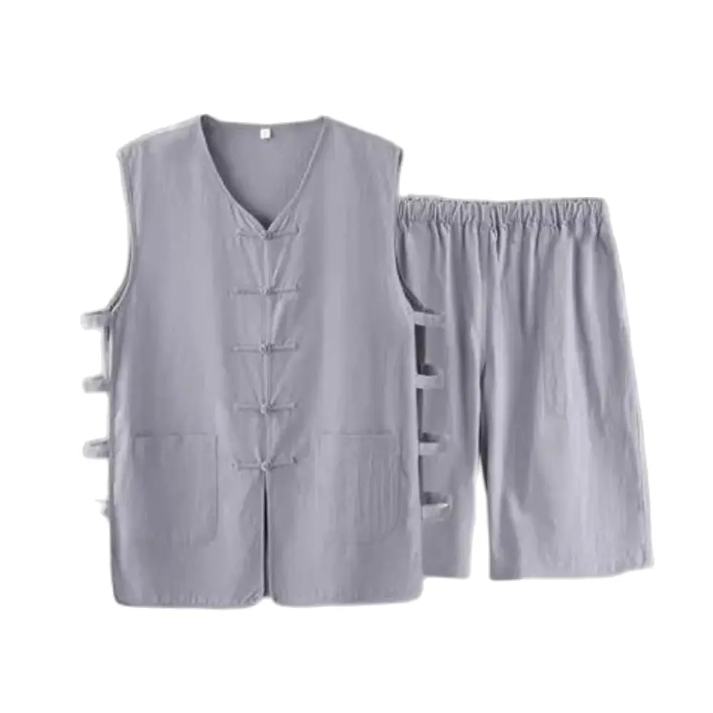 

Chinese Traditional Tang Dynasty Tai Chi Suit Men's Cotton and Linen Kung Fu Suit Mens Sleeveless Muff Sweatshirt + Shorts Suit