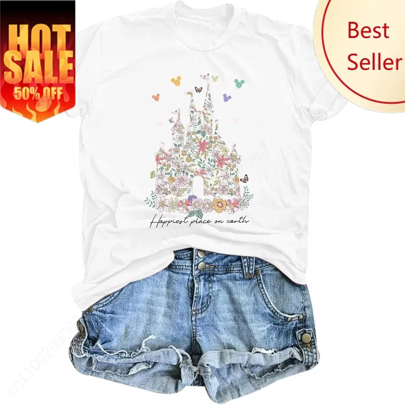 

Bobeutou Magic Kingdom Shirts for Women Floral Castle Graphic T Shirt Flower Holiday Vacation Shirt Funny Cute Tee Tops