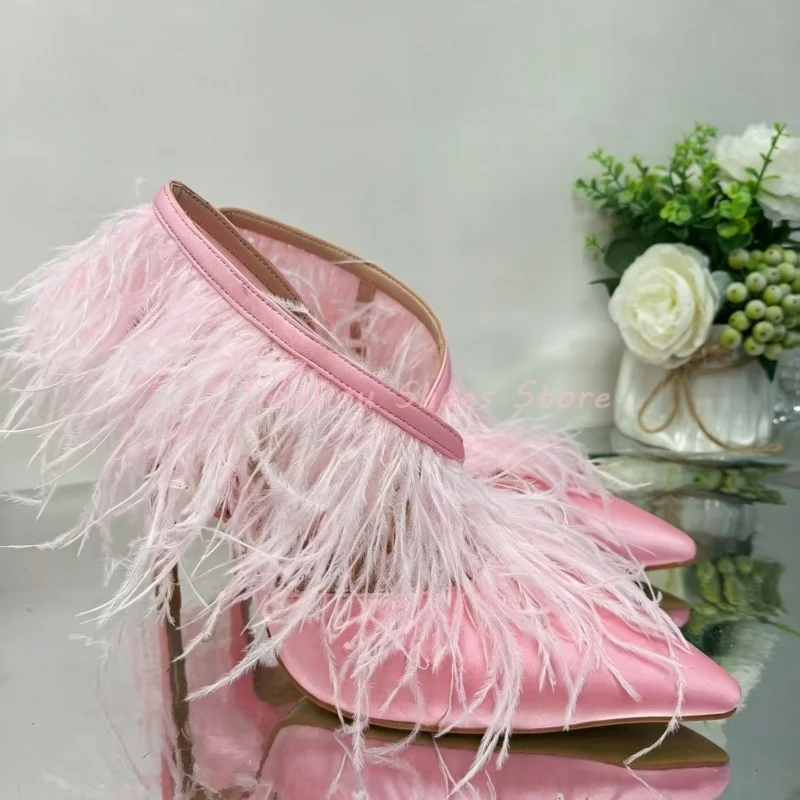 Black Satin Feather Slip On Pointed Toe Sandals Women Solid Back Strap Thin High Heels Elegant Modern Shoes Designer Style 2026
