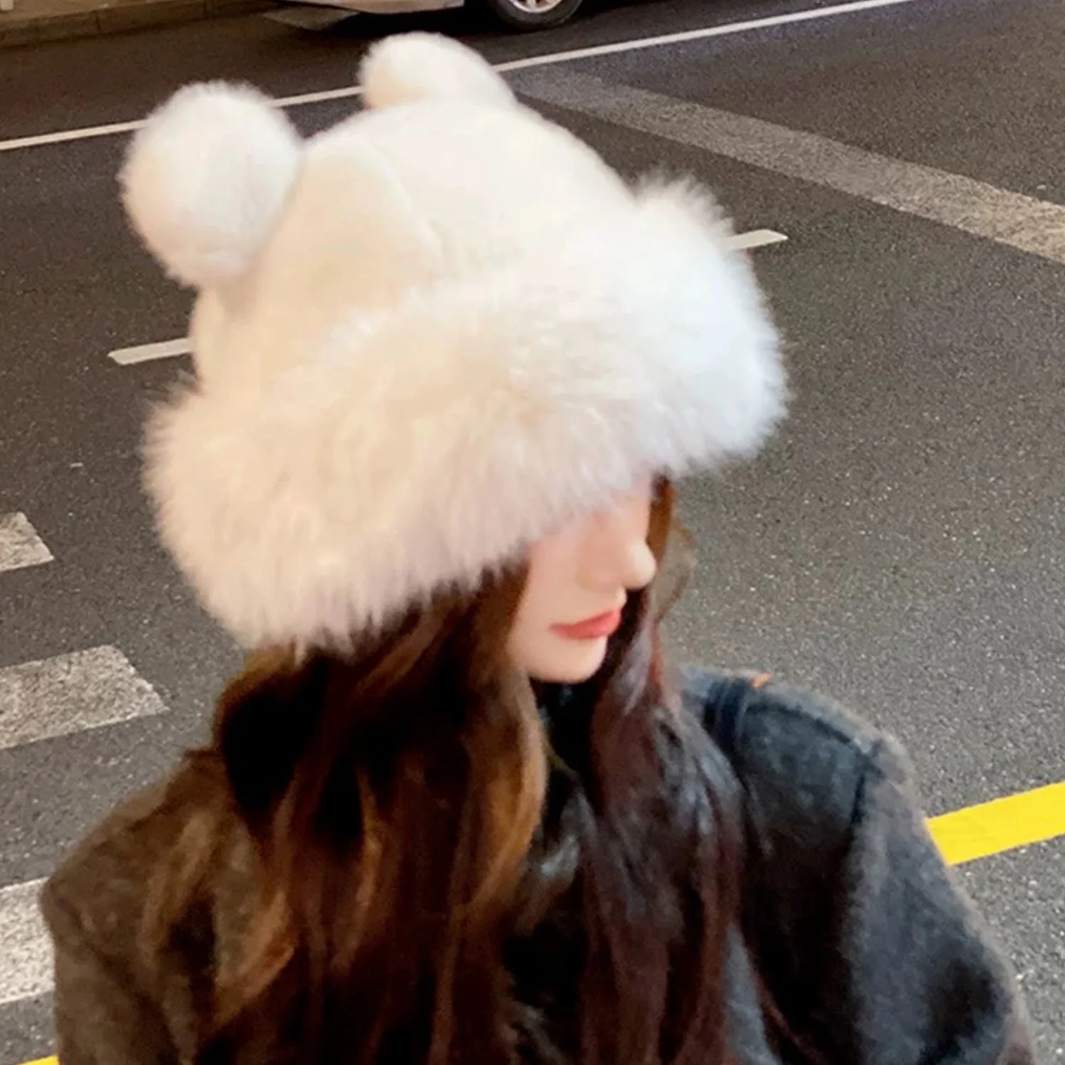NEW Mongolian Fluffy‎ Furry White Faux Fur Luxury Ear Coverage Bucket Beanie Hat 2024 New Mongolian Fur Hat - Warm Faux Fur Winter Cap main image 2