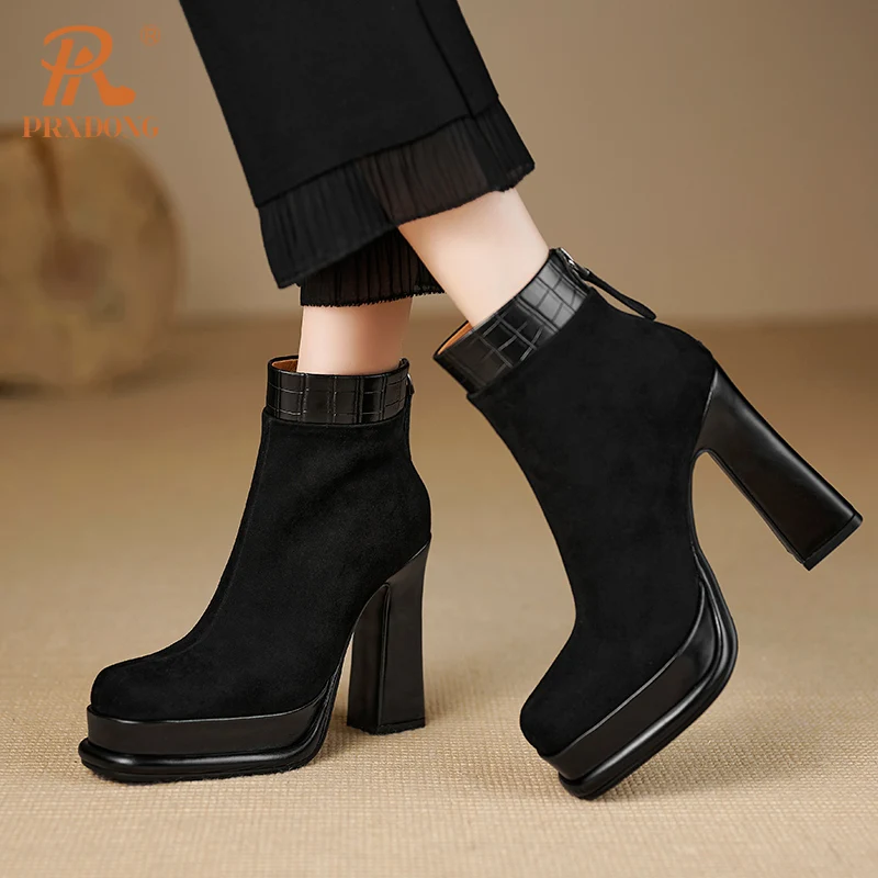 PRXDONG New Brand Genuine Leather SHoes Woman Ankle Boots CHunky High Heels Platform Black Brown Dress Party Lady Shoes Size 39