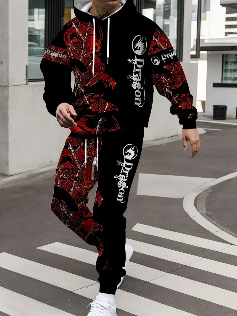 الخريف كول التنين ثلاثية الأبعاد مطبوعة هوديي البدلة الرجال بلوزات Sweatpants موضة عادية قطعتين طقم رياضي الركض رياضية #2