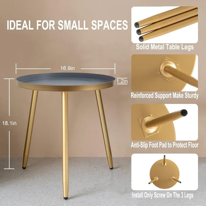 Round End Table Ideal for Any Room, Metal Structure Side Tables Great For Living Room, Bedroom, Indoor, Outdoor